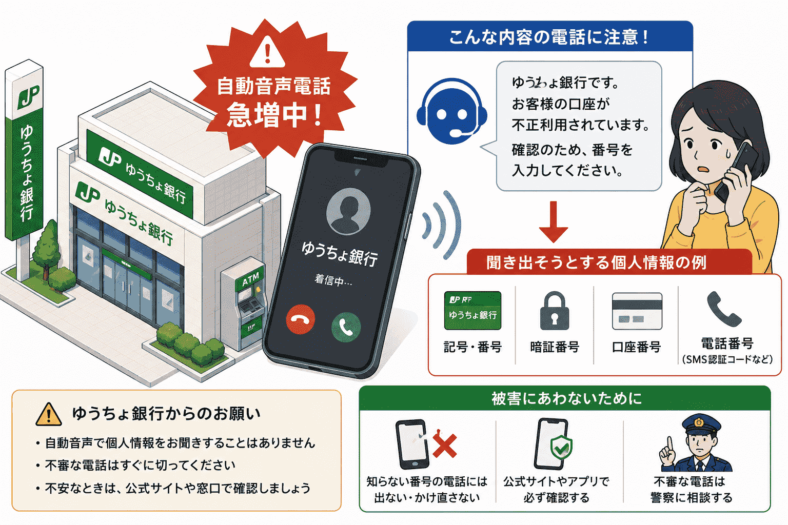 ゆうちょ銀行をかたる自動音声電話が急増、個人情報を聞き出す手口に注意喚起