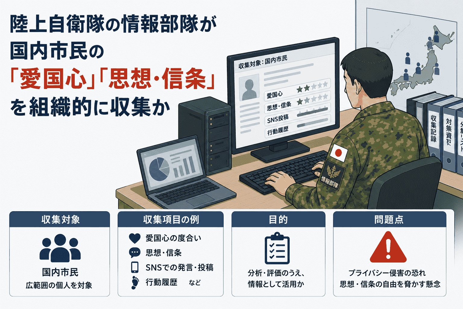 陸上自衛隊の情報部隊が国内市民の「愛国心」「思想・信条」を組織的に収集か