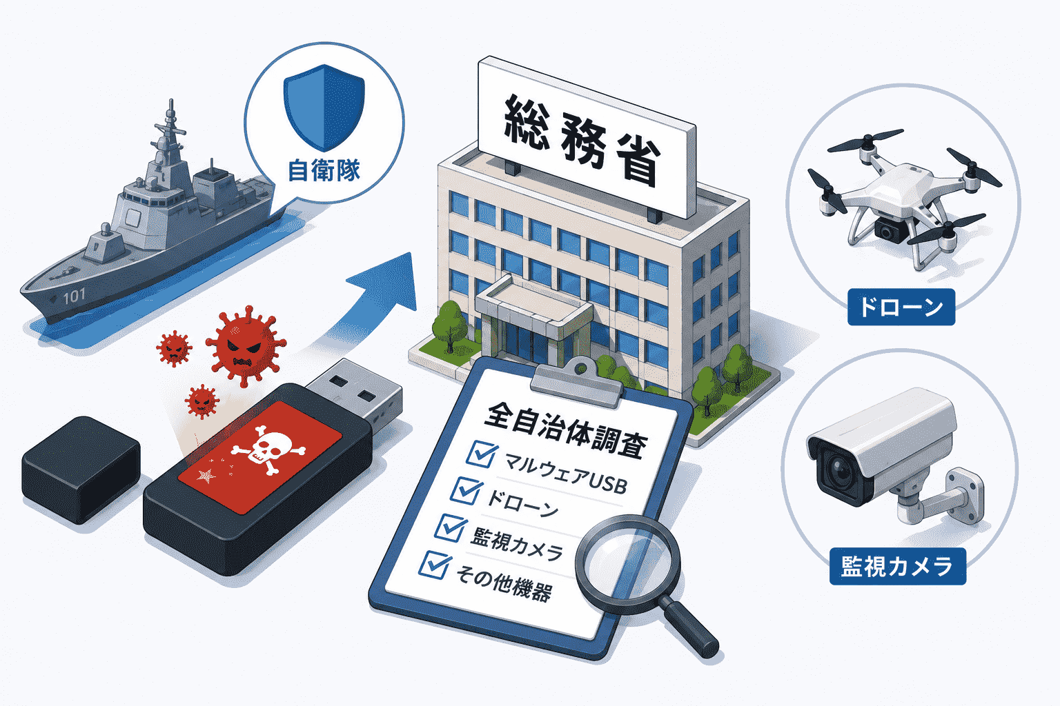 自衛隊の中国製 マルウェア USB問題を受け総務省が全自治体調査へ-ドローン・監視カメラも対象に