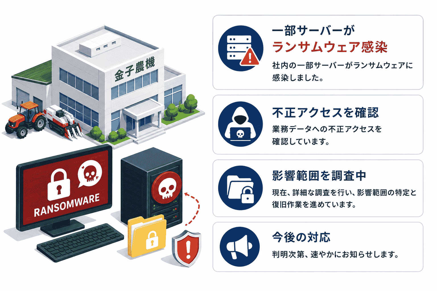 金子農機、一部サーバーがランサムウェア感染 業務データへの不正アクセスを確認