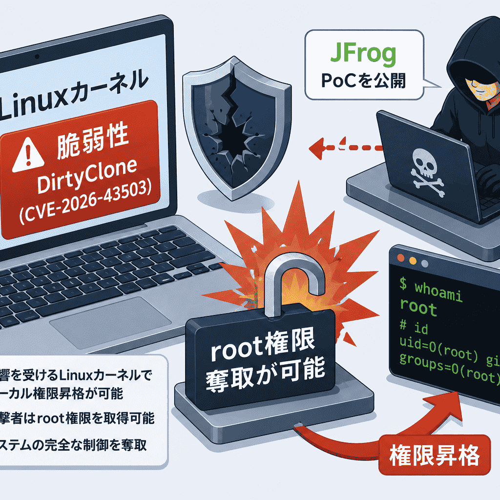 Linuxカーネルの脆弱性 DirtyClone(CVE-2026-43503)でroot権限奪取が