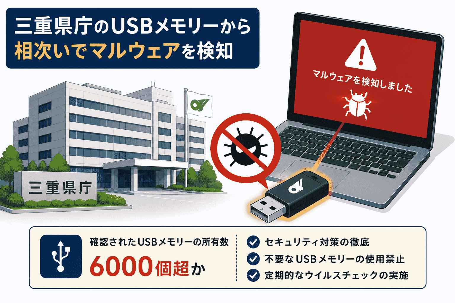 三重県 庁のUSB メモリーら相次いでマルウェアを検知-所有数6000個超か