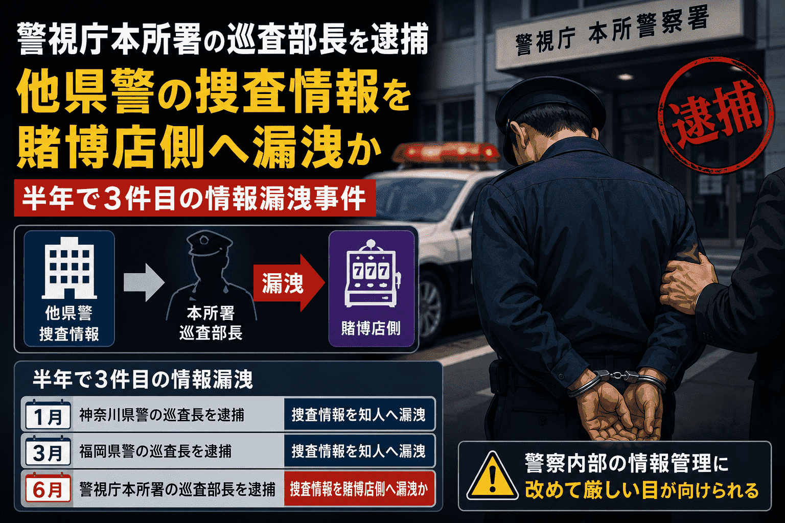 警視庁本所署の巡査部長を逮捕、他県警の捜査情報を賭博店側へ漏洩か-半年で3件目の情報漏洩事件