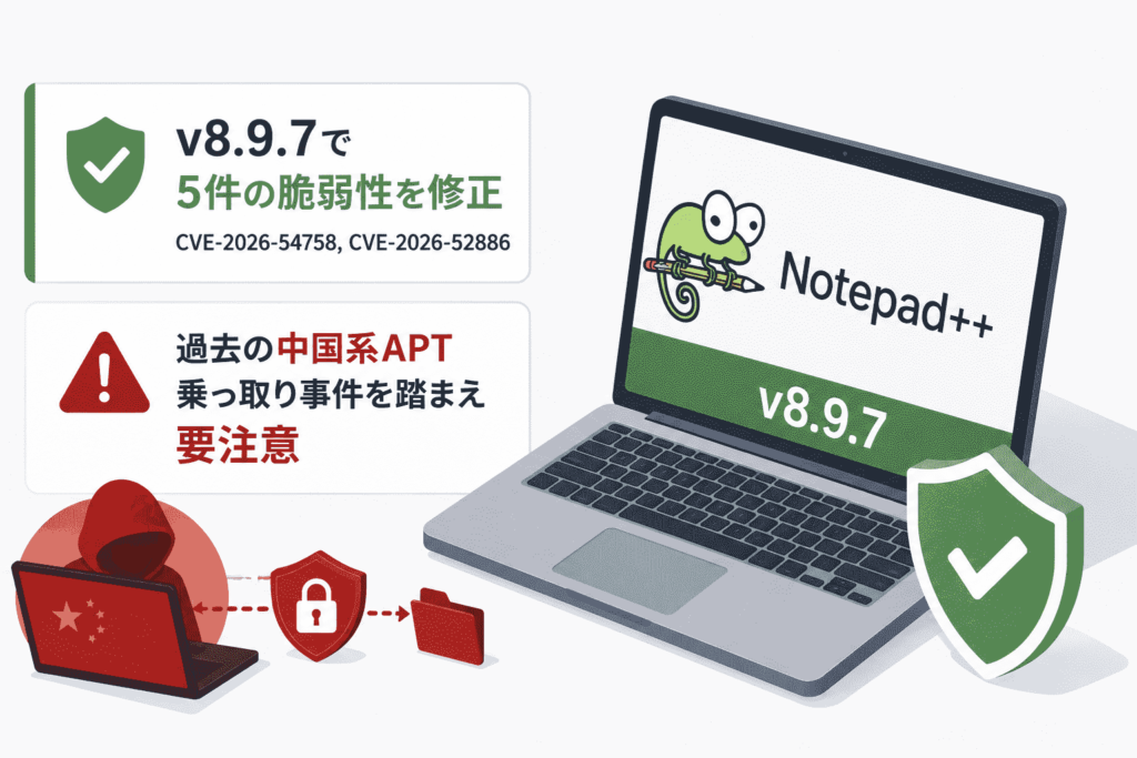 Notepad++、v8.9.7で5件の脆弱性を修正(CVE-2026-54758,CVE-2026-52886)過去の中国系APT乗っ取り ...