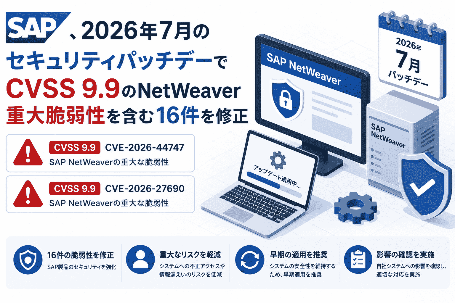 SAP、2026年7月のセキュリティパッチデーでCVSS 9.9のNetWeaver重大脆弱性を含む16件を修正(CVE-2026-44747, CVE-2026-27690)