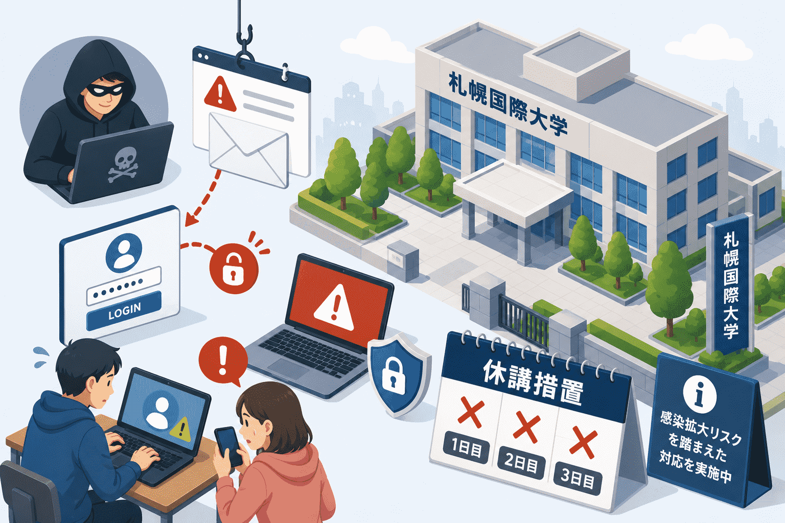 札幌国際大学、フィッシング被害でアカウント乗っ取り-感染拡大リスクを踏まえ3日間の休講措置