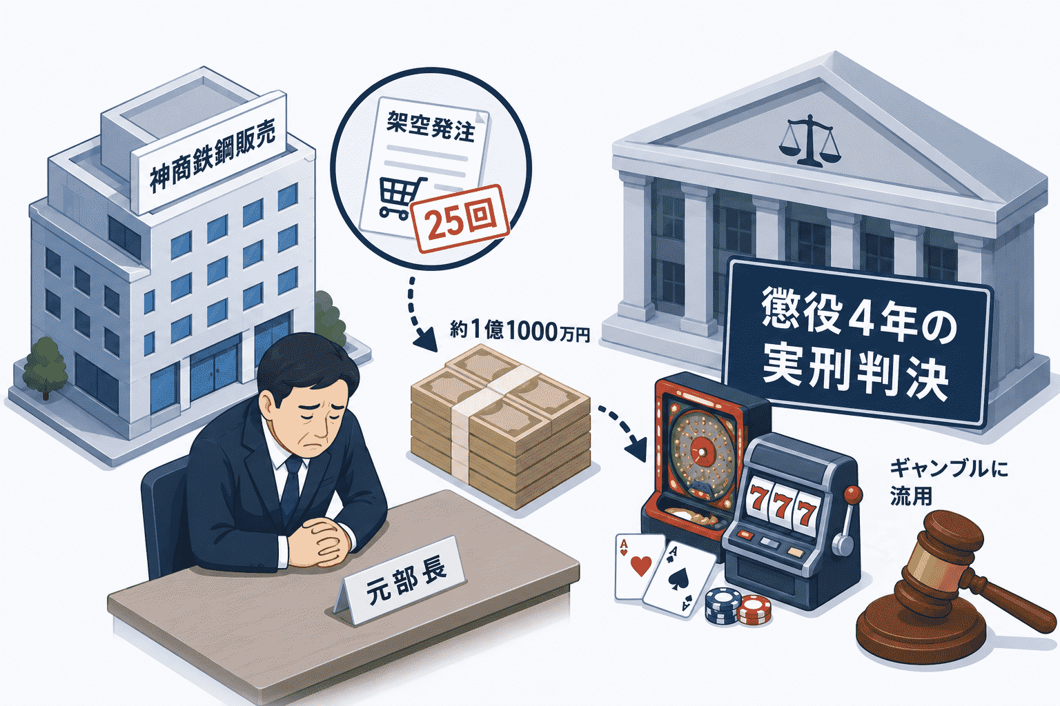 神商鉄鋼販売・元部長に懲役4年の実刑判決-約5年間で25回の架空発注、1億1000万円をギャンブルに流用