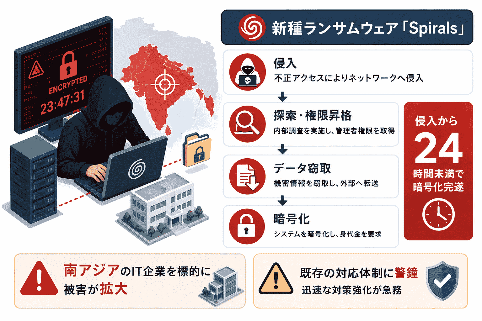 新種ランサムウェア「Spirals」、侵入から暗号化まで24時間未満で完遂-南アジアのIT企業を標的に、既存の対応体制に警鐘