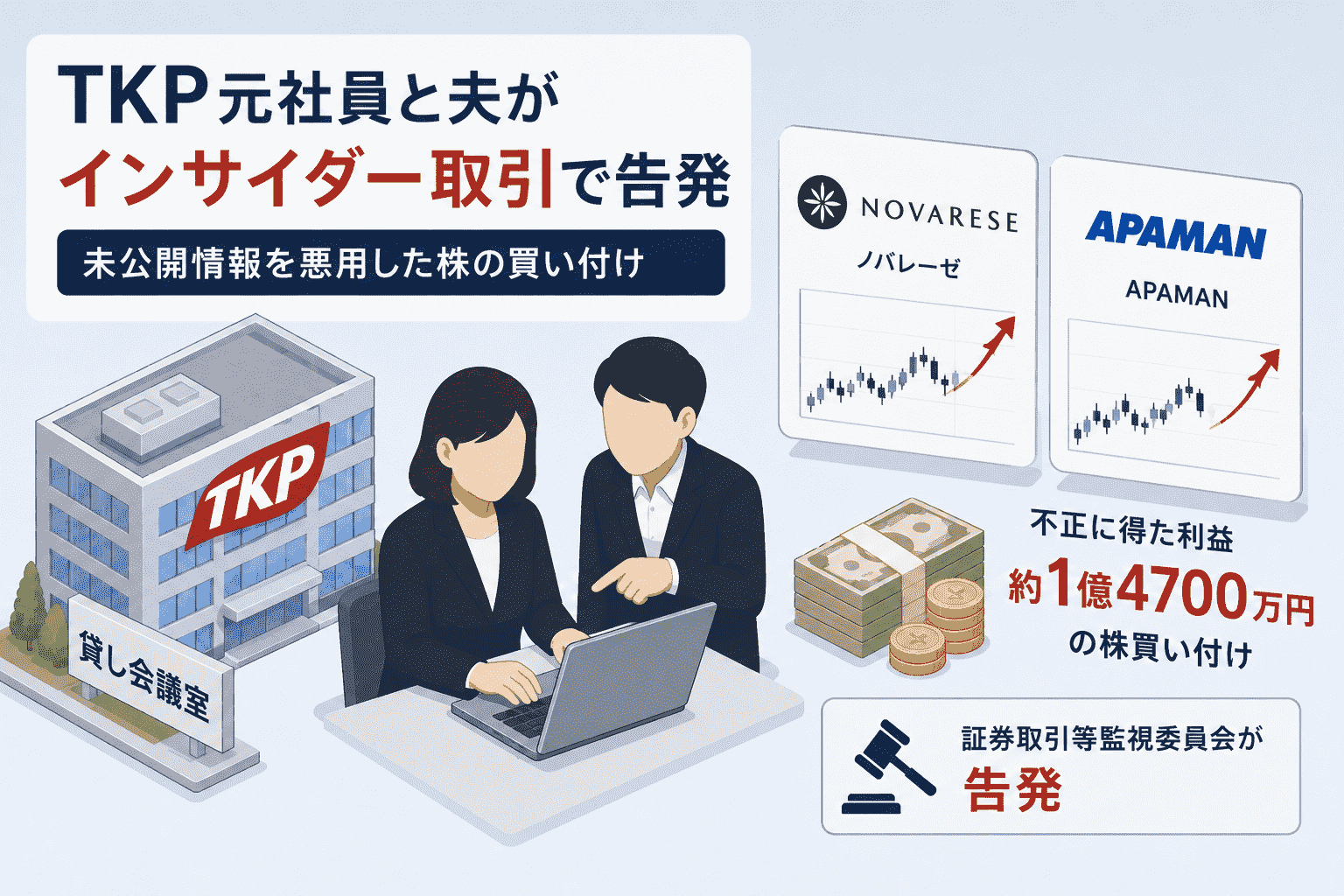 貸し会議室のTKP 元社員と夫がインサイダー取引で告発、ノバレーゼ・APAMAN の未公開情報を悪用し約1億4700万円の株買い付け
