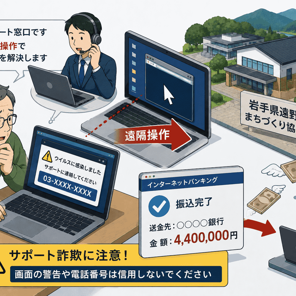 岩手県遠野市のまちづくり協議会でサポート詐欺の被害、PCを遠隔操作