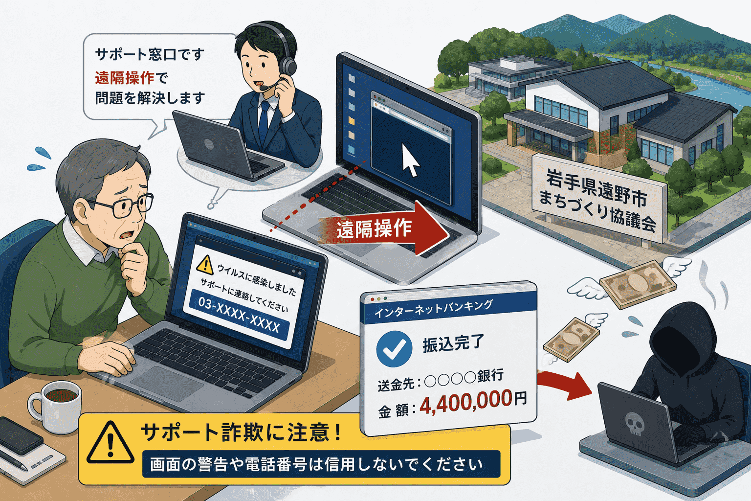 岩手県遠野市のまちづくり協議会でサポート詐欺の被害、PCを遠隔操作され約440万円を不正送金