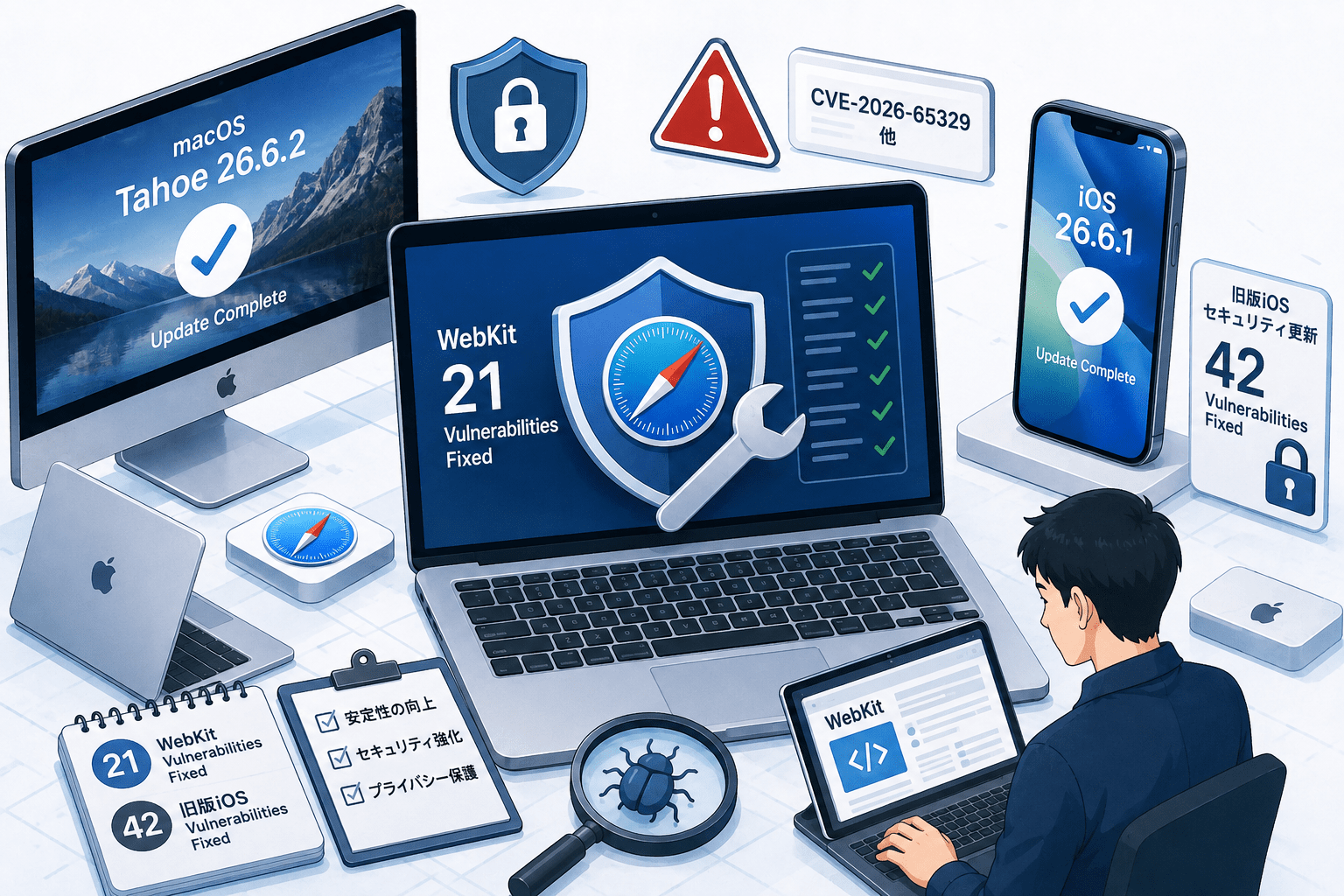 Apple、WebKit脆弱性21件をmacOS Tahoe 26.6.2／iOS 26.6.1で修正　旧版iOSでは42件に対応(CVE-2026-65329 他)