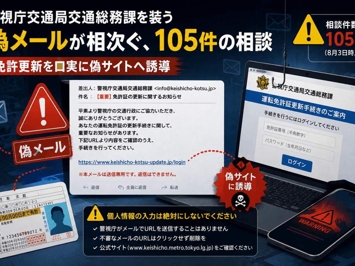警視庁交通局交通総務課を装う偽メールが相次ぐ、105件の相談 免許更新