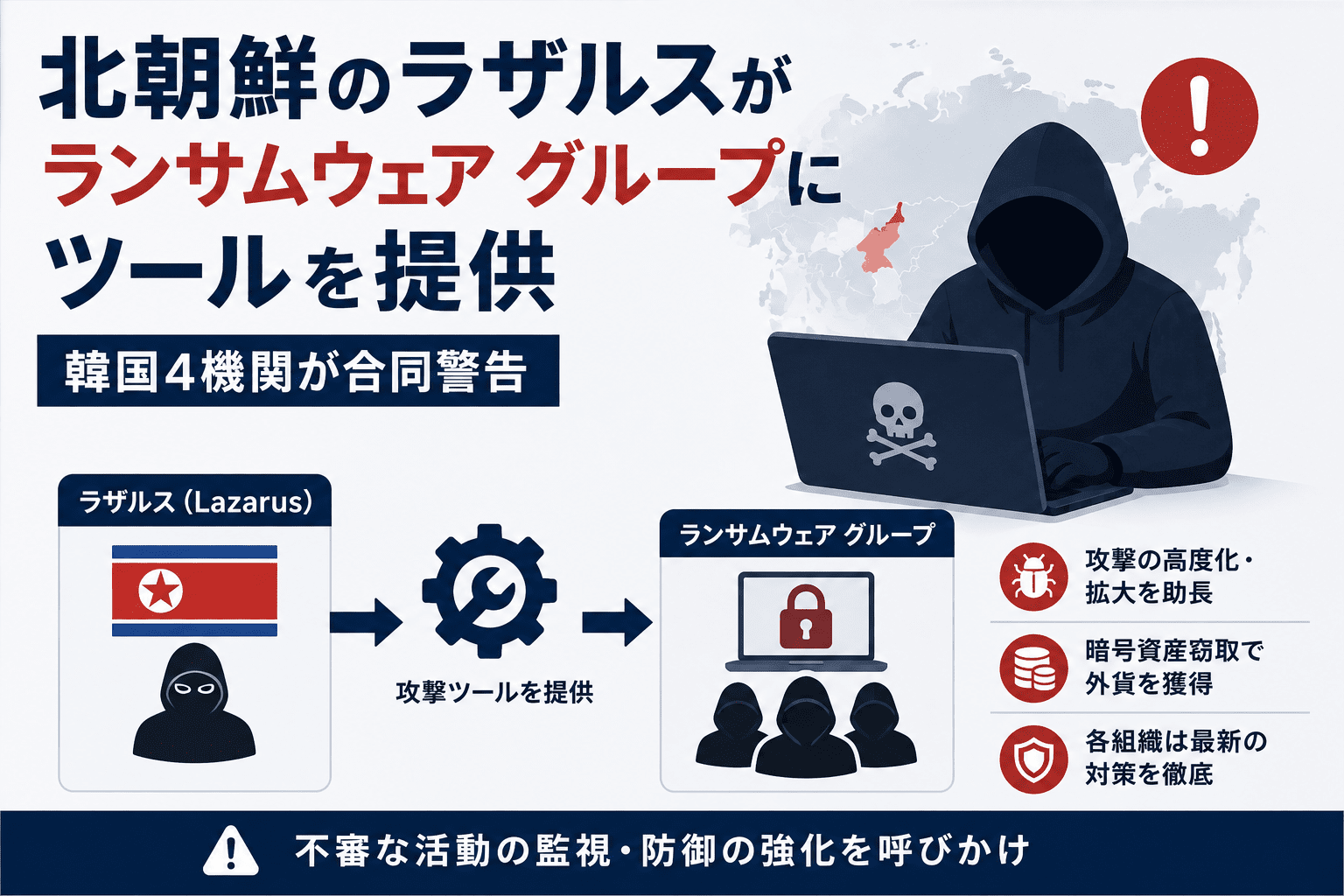 北朝鮮のラザルスがランサムウェア グループにツールを提供-韓国4機関が合同警告