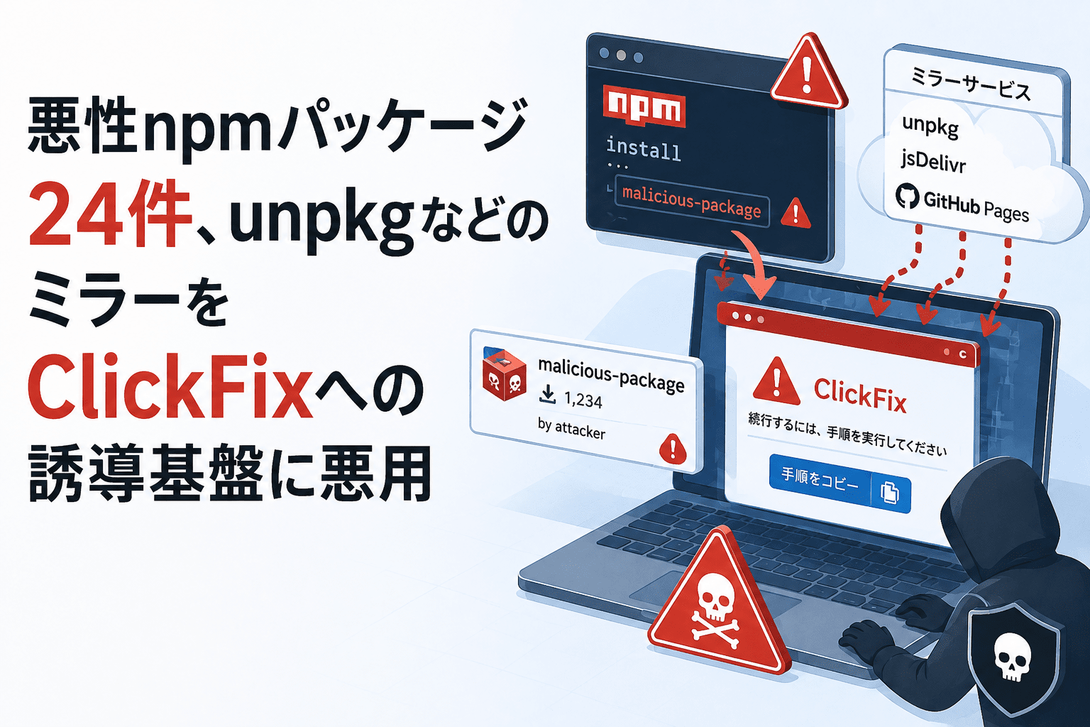 悪性npmパッケージ24件、unpkgなどのミラーをClickFixへの誘導基盤に悪用　
