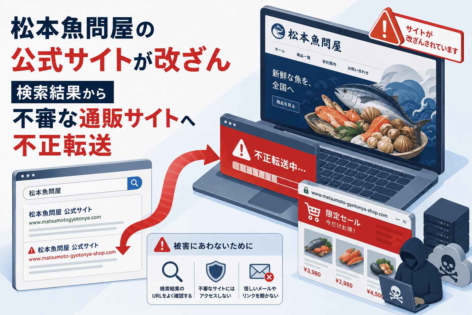 松本魚問屋の公式サイトが改ざん、検索結果から不審な通販サイトへ不正転送