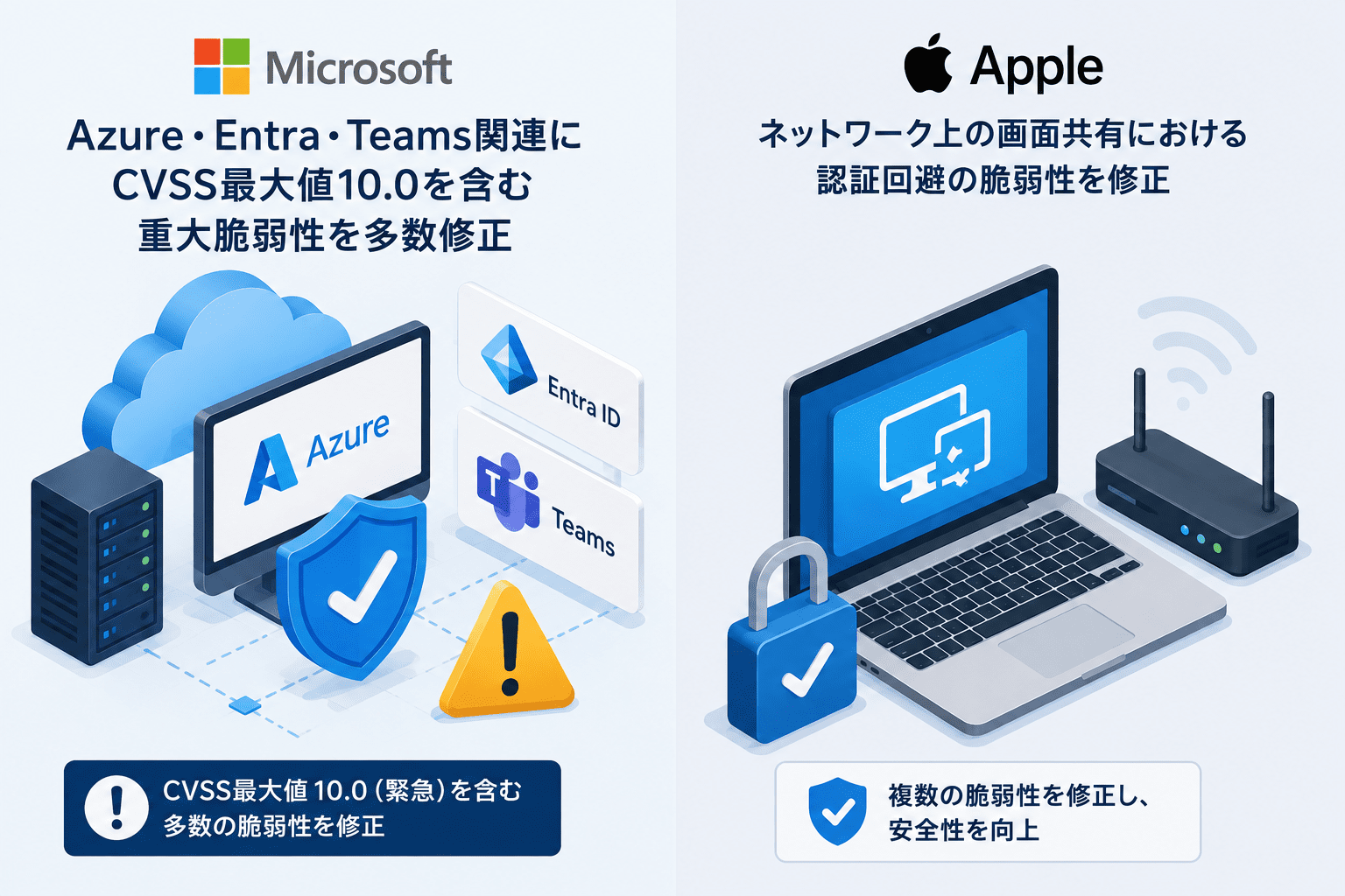 Microsoft、Azure・Entra・Teams関連にCVSS最大値10.0を含む重大脆弱性を多数修正 Appleもネットワーク上の画面共有認証回避を修正(CVE-2026-63508,CVE-2026-56162)他