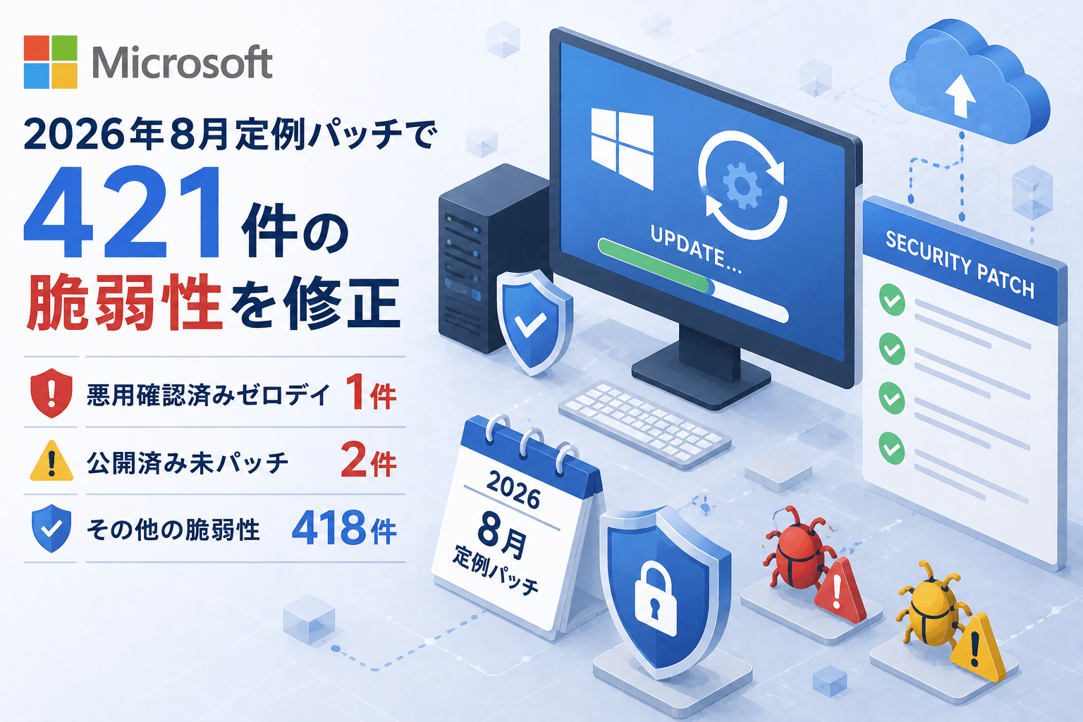 Microsoft、2026年8月定例パッチで421件の脆弱性を修正 悪用確認済みゼロデイ1件(CVE-2026-68820)、公開済み未パッチ2件も