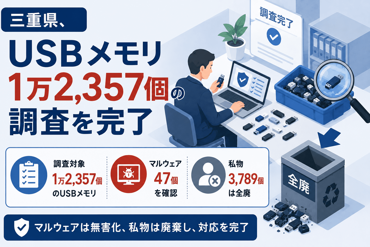 三重県、USBメモリ1万2,357個の調査を完了　マルウェア 47個を確認、私物USB 3,789個は全廃