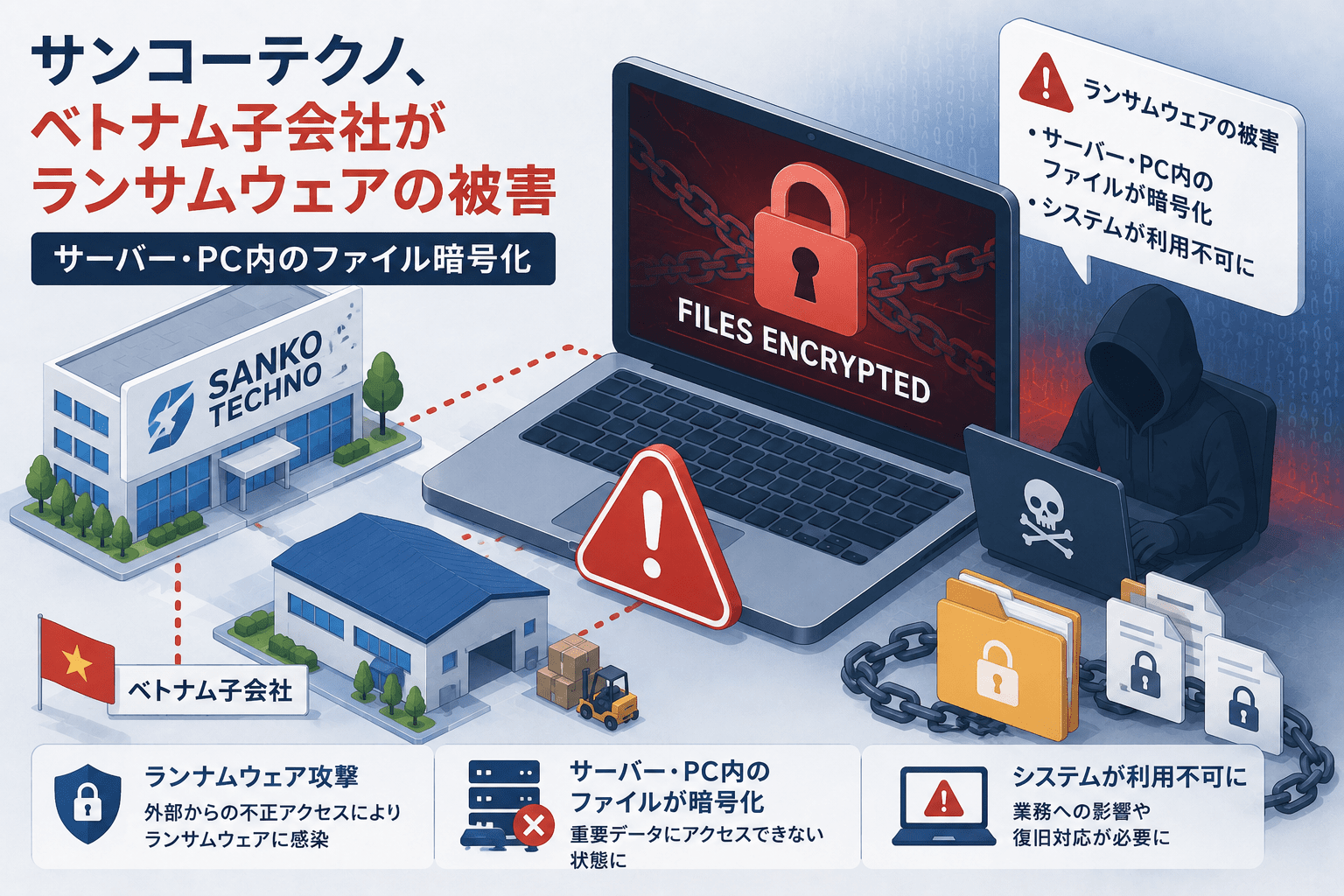サンコーテクノ、ベトナム子会社がランサムウェアの被害　サーバー・PC内のファイル暗号化