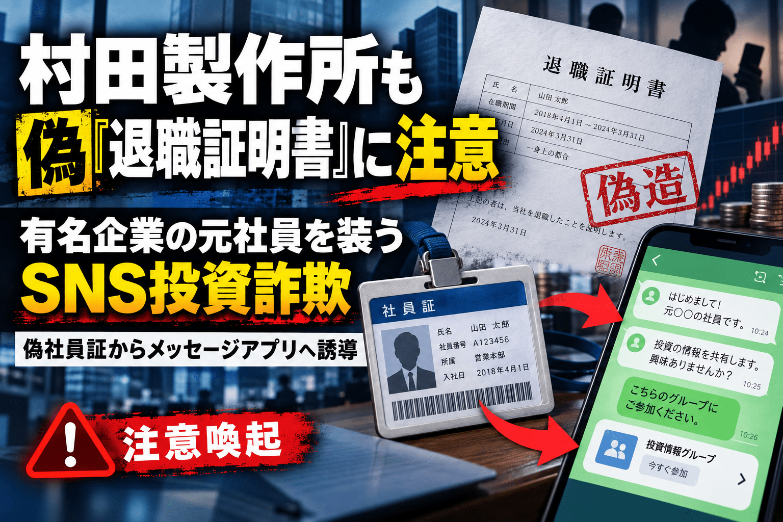 村田製作所も偽「退職証明書」に注意　有名企業の元社員を装うSNS投資詐欺、偽社員証からLINEへ誘導