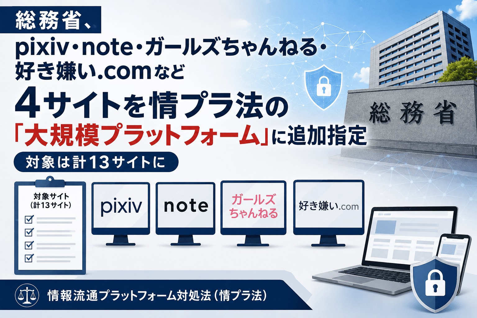 総務省、pixiv・note・ガールズちゃんねる・好き嫌い.comなど4サイトを情プラ法の「大規模プラットフォーム」に追加指定　対象は計13サイトに