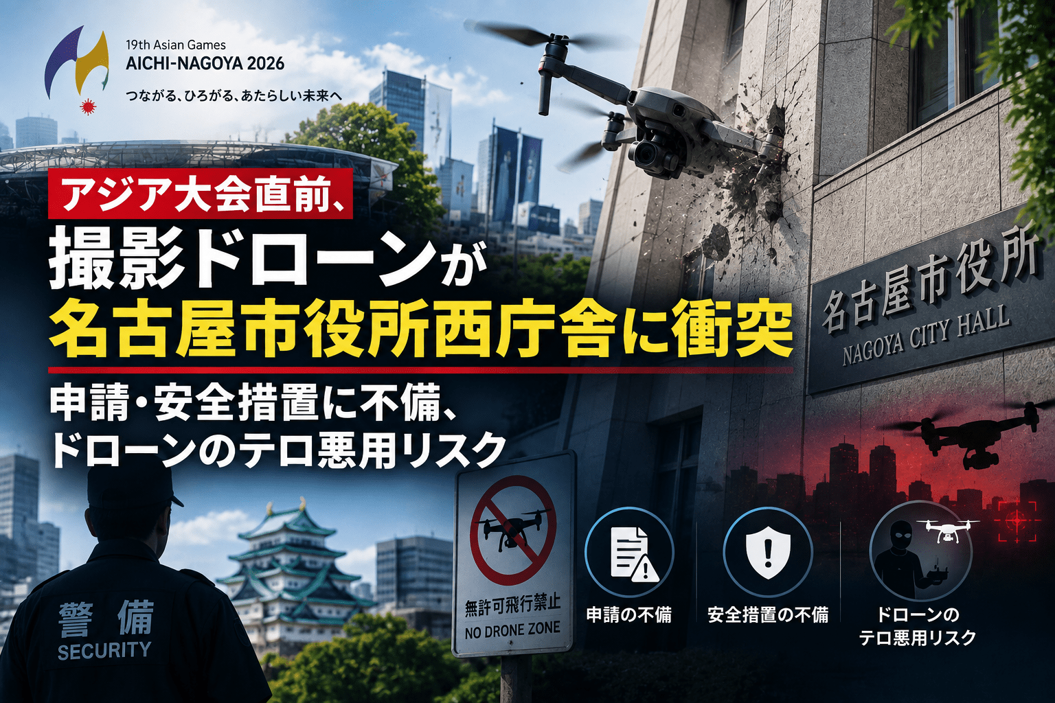 アジア大会直前、撮影ドローンが名古屋市役所西庁舎に衝突　申請・安全措置に不備、ドローンのテロ悪用リスク