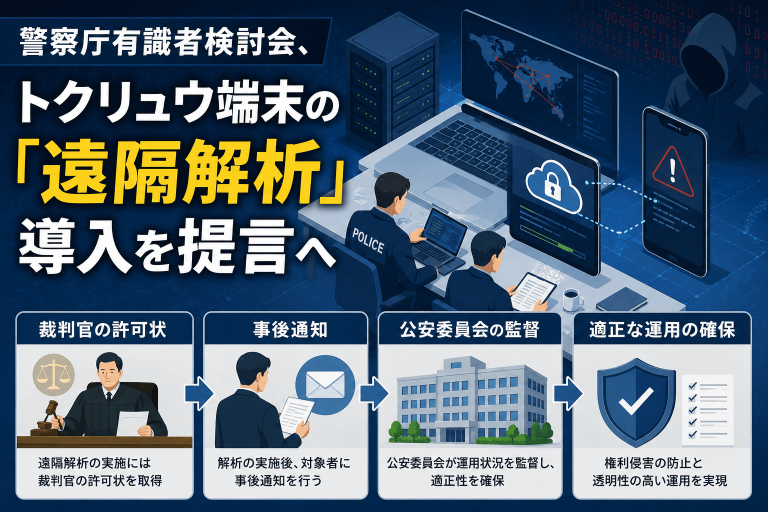 警察庁有識者検討会、トクリュウ端末の「遠隔解析」導入を提言へ　裁判官の許可状・事後通知・公安委員会監督を想定
