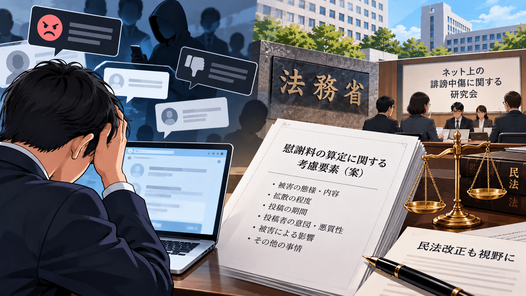 ネット誹謗中傷の慰謝料、算定の考慮要素を明文化へ-法務省が研究会、民法改正も視野