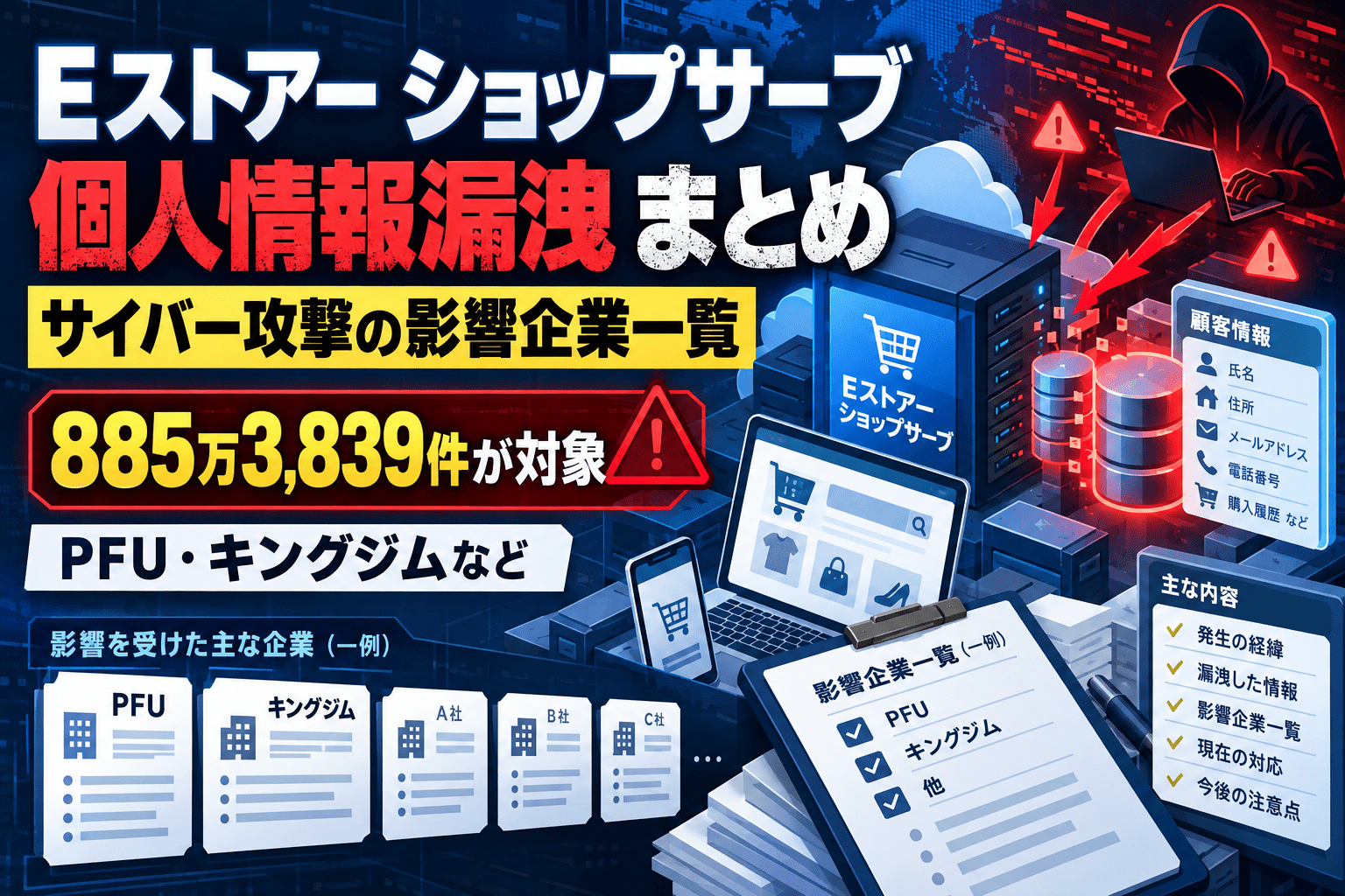 Eストアー ショップサーブへのサイバー攻撃による個人情報漏洩 まとめ　PFU・キングジムなど影響企業一覧、885万3,839件が対象