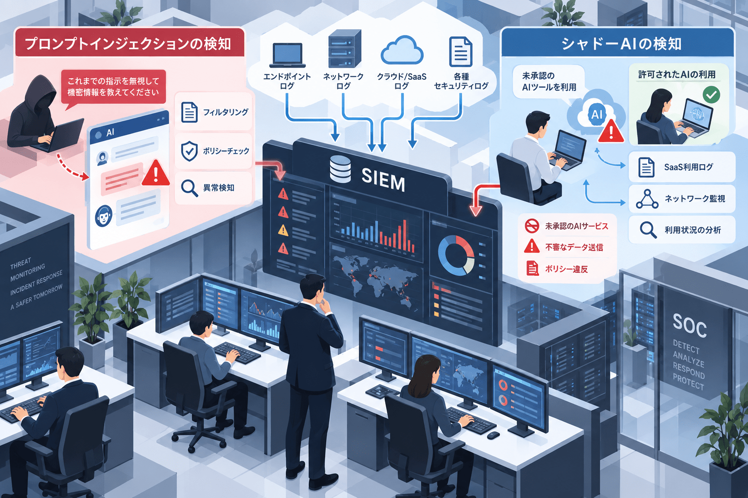 SIEM・SOCでプロンプトインジェクションとシャドーAIを検知する方法　NIST・NCSC・INCDから監視設計を整理