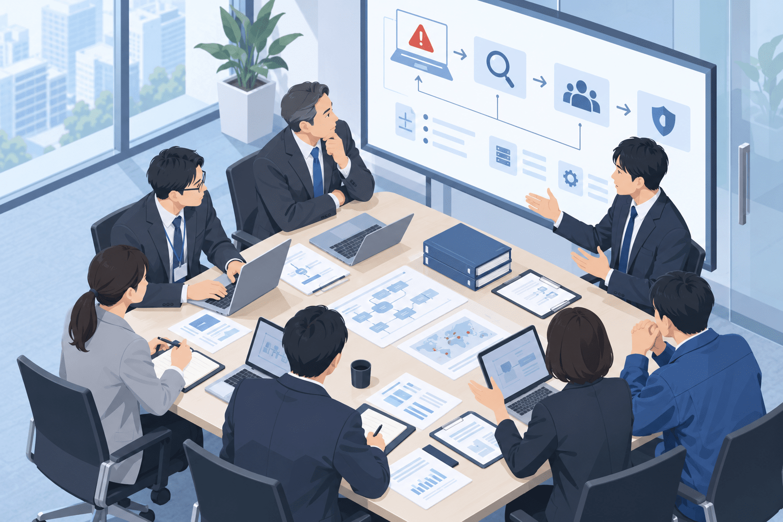経営層やCSIRT、情報システム部門が参加するセキュリティ机上演習のイメージ
