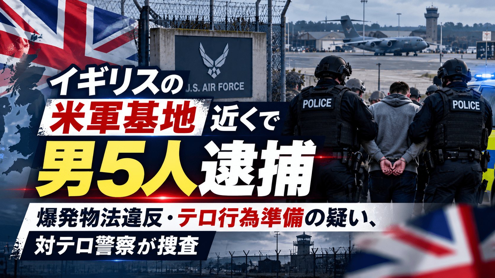 イギリスの米軍基地近くで男5人逮捕　爆発物法違反・テロ行為準備の疑い、対テロ警察が捜査