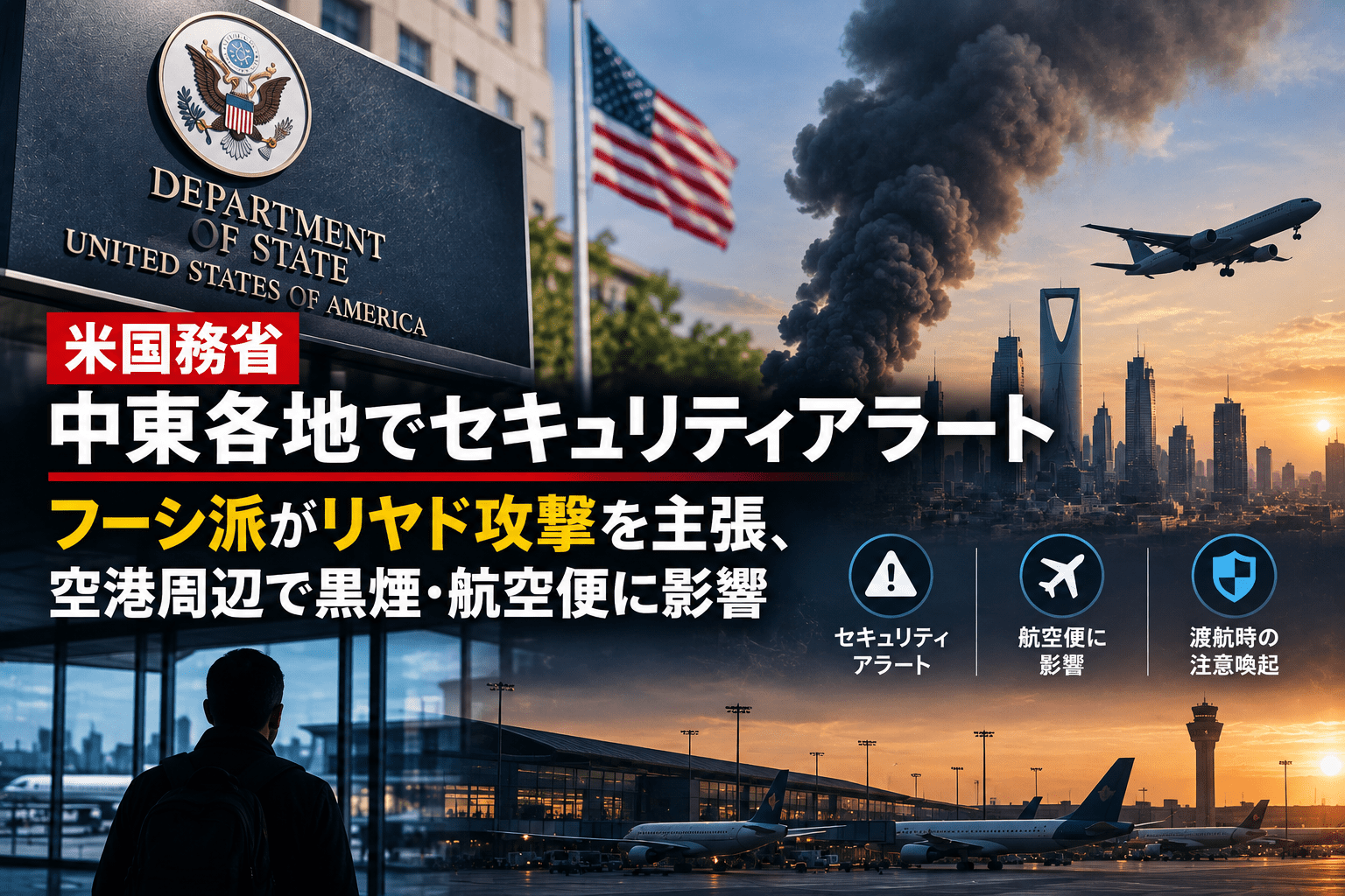 米国務省、中東各地でセキュリティアラート フーシ派がリヤド攻撃を主張、空港周辺で黒煙・航空便に影響