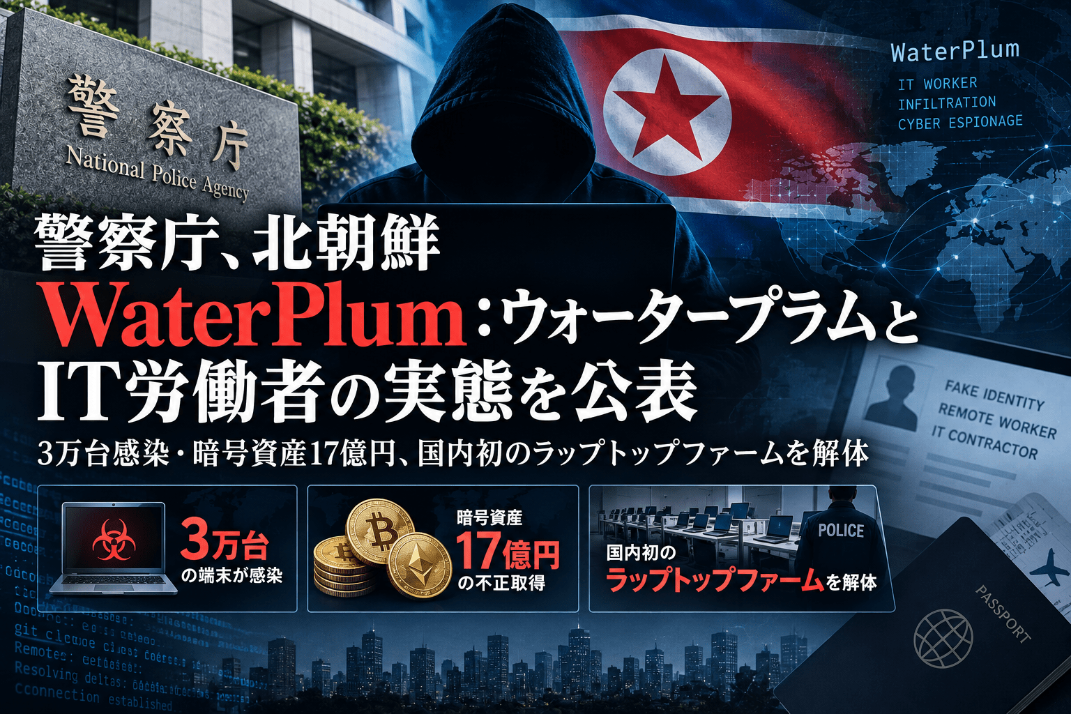 警察庁、北朝鮮 WaterPlum：ウォータープラムとIT労働者の実態を公表　3万台感染・暗号資産17億円、国内初のラップトップファームを解体