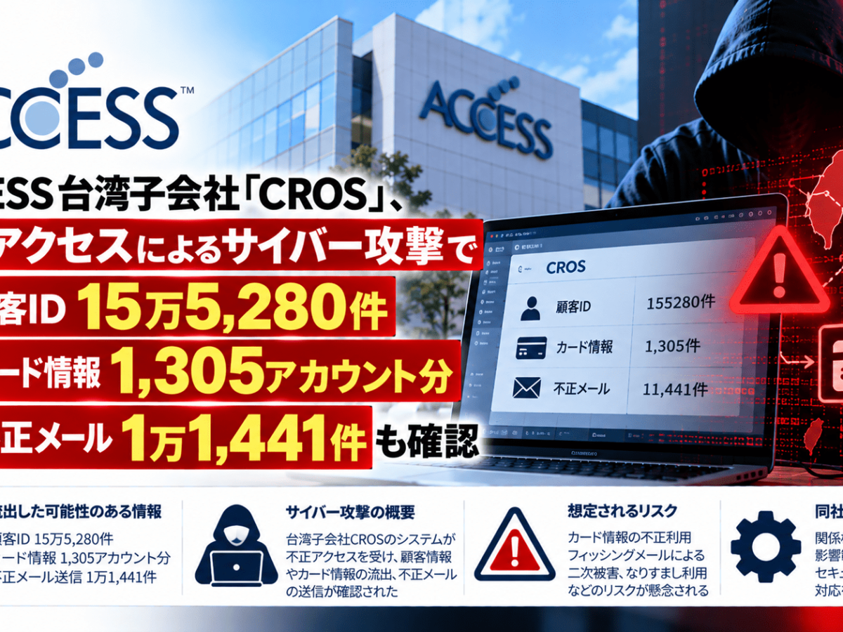 ACCESS台湾子会社「CROS」、不正アクセスによるサイバー攻撃で顧客ID15