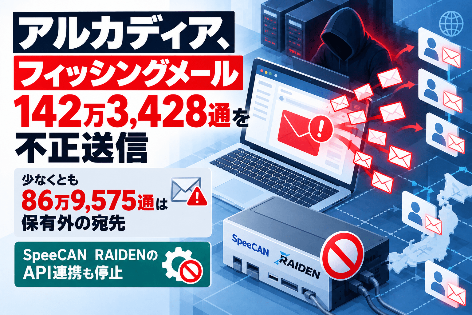 アルカディア、フィッシングメール 142万3,428通を不正送信　少なくとも86万9,575通は保有外の宛先、SpeeCAN RAIDENのAPI連携も停止