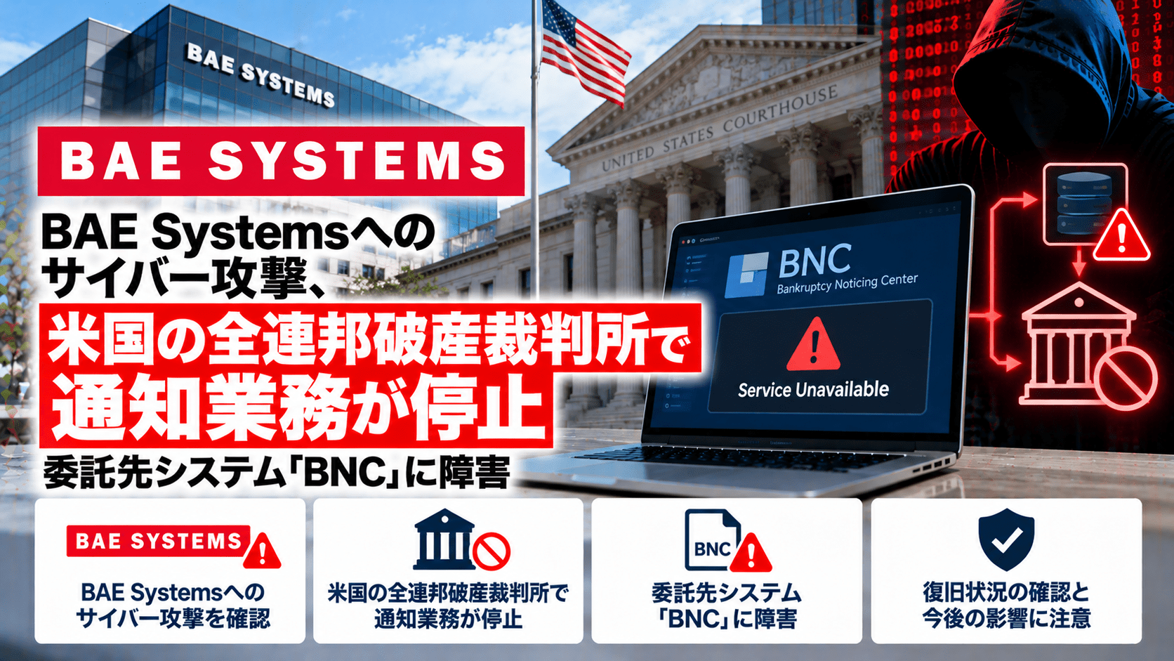 BAE システムズへのサイバー攻撃、米国の全連邦破産裁判所で通知業務が停止―委託先システム「BNC」に障害