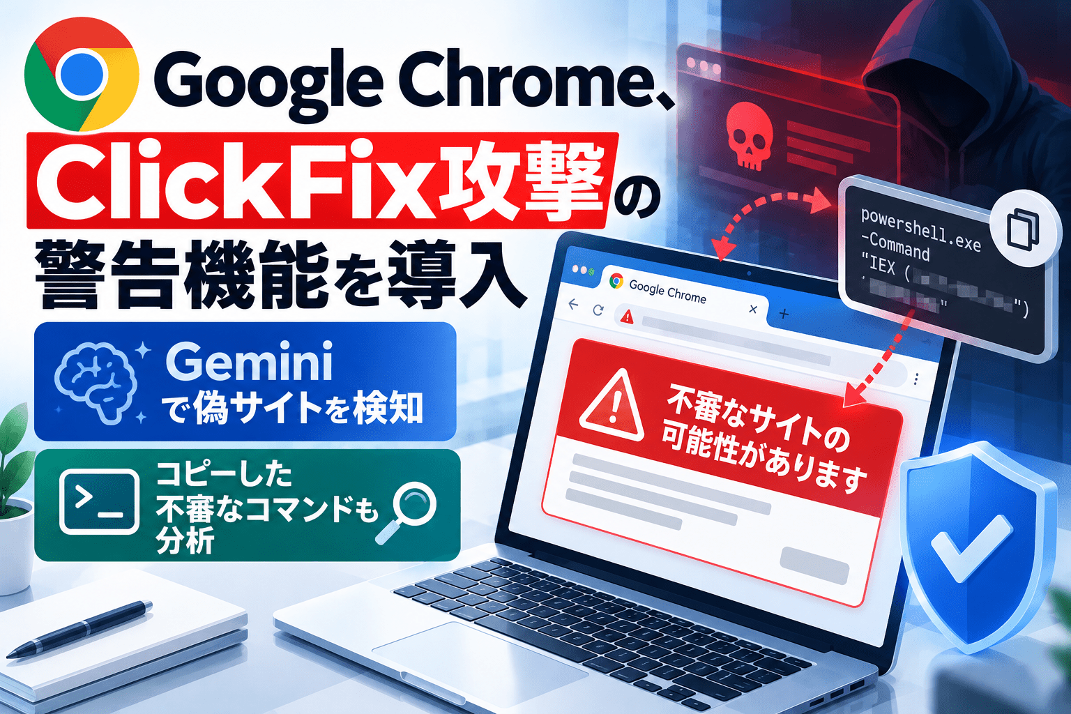 Google Chrome、ClickFix攻撃の警告機能を導入―Geminiで偽サイトを検知、コピーした不審なコマンドも分析