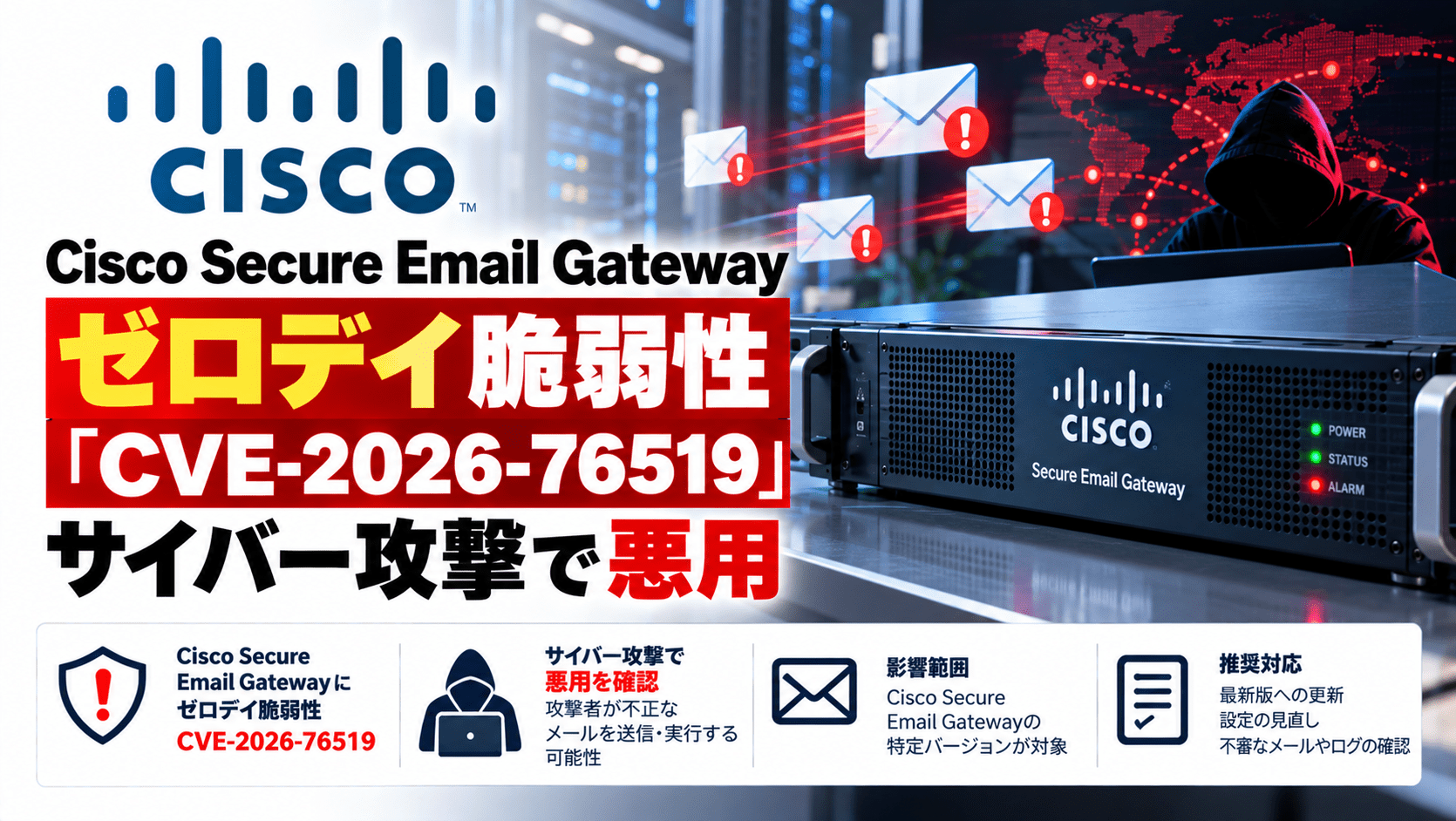 Cisco Secure Email Gatewayにゼロデイ 脆弱性「CVE-2026-76519」、サイバー攻撃で悪用