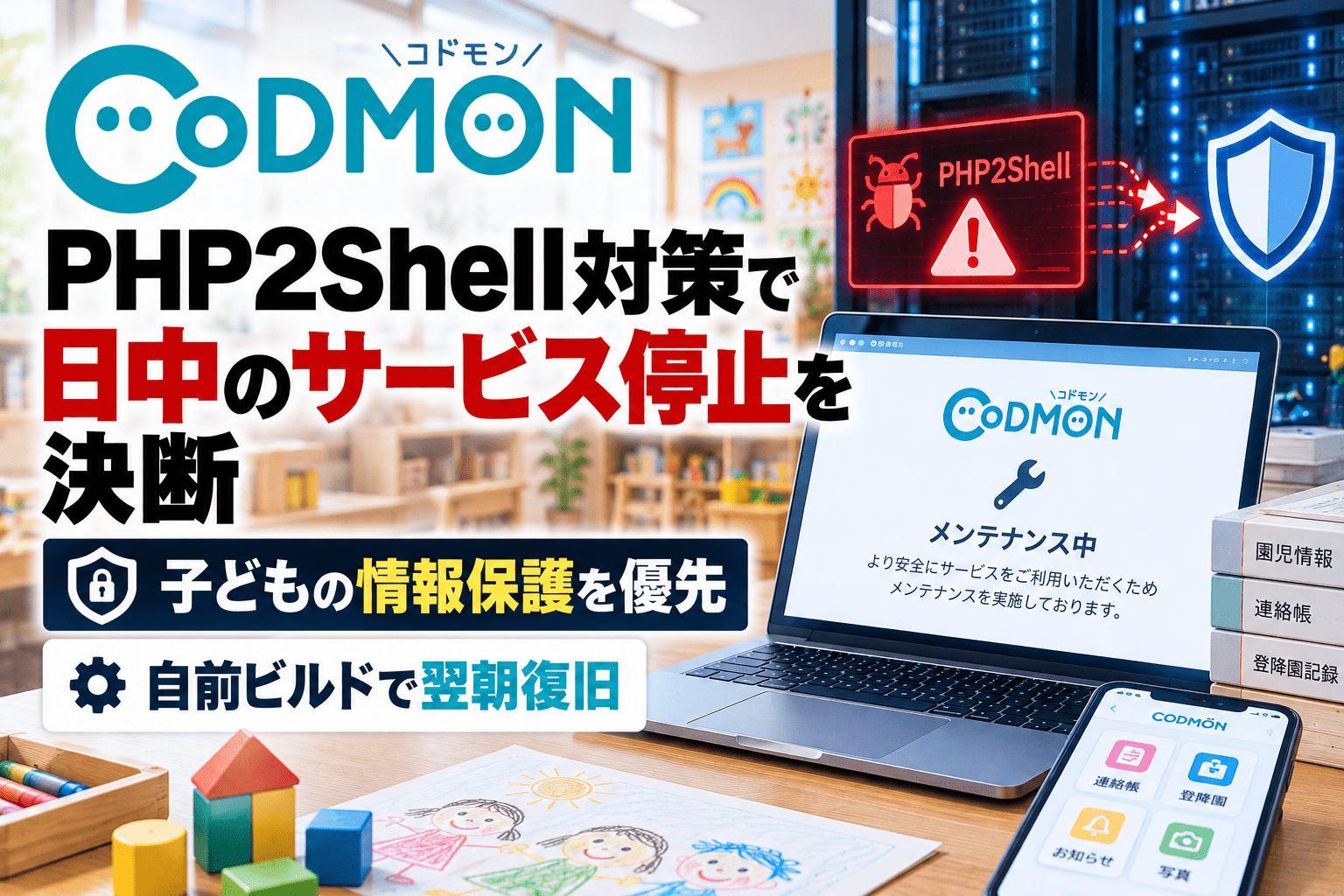 コドモン、PHP2Shell対策で日中のサービス停止を決断　子どもの情報保護を優先、自前ビルドで翌朝復旧