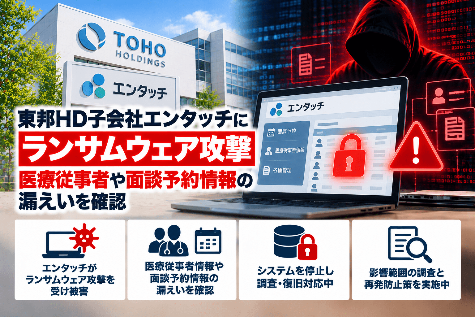 東邦HD子会社エンタッチにランサムウェア攻撃、医療従事者や面談予約情報の漏えいを確認