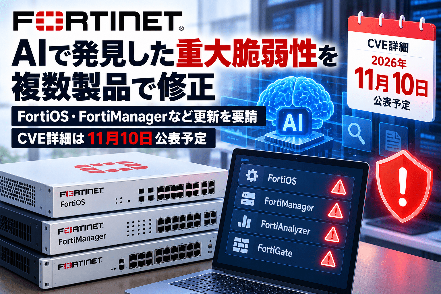Fortinet、AIで発見した重大な脆弱性を複数製品で修正　FortiOS・FortiManagerなど更新を要請、CVE詳細は11月10日公表予定