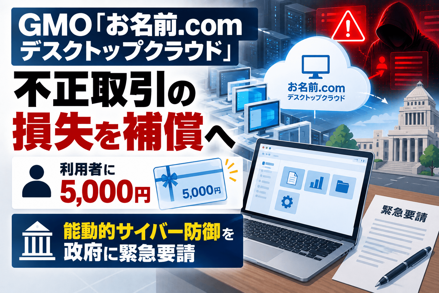 GMO「お名前.comデスクトップクラウド」不正取引の損失を補償へ　利用者に5,000円、能動的サイバー防御を政府に緊急要請