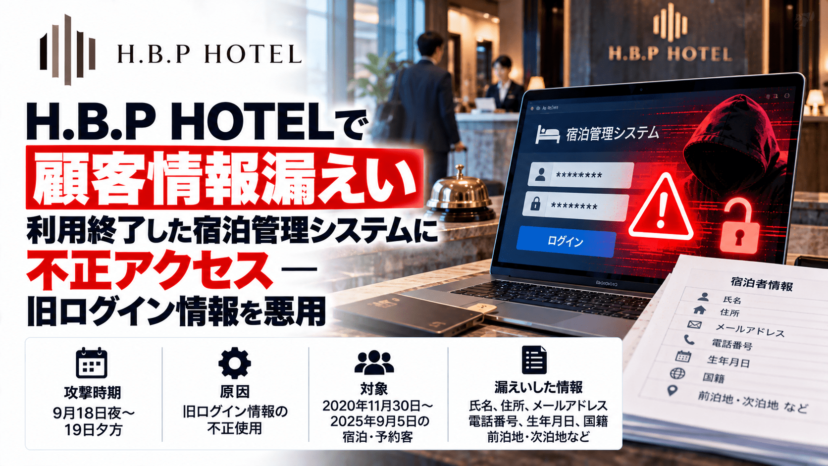 H.B.P HOTELで個人情報漏えい、利用終了した宿泊管理システムに不正アクセス―旧ログイン情報を悪用