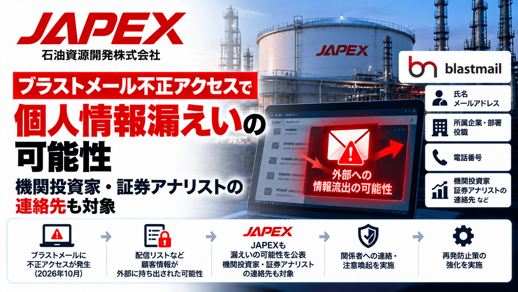 石油資源開発（JAPEX）、ブラストメール不正アクセスで個人情報漏えいの可能性　機関投資家・証券アナリストの連絡先も対象