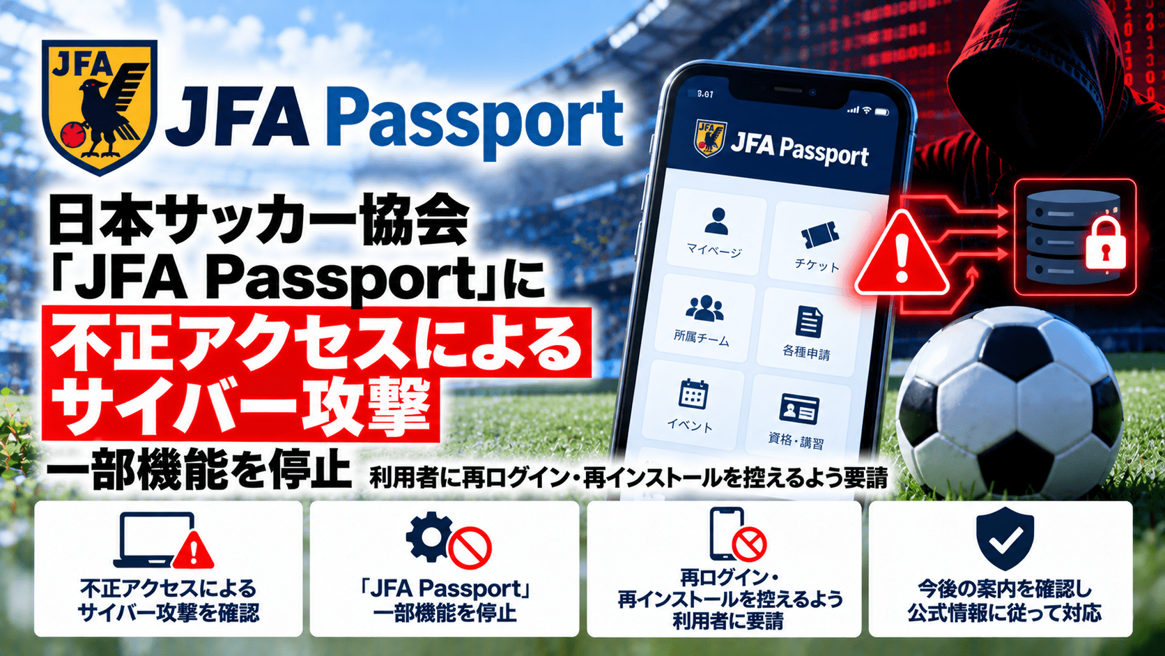 日本サッカー協会「JFA Passport」に不正アクセスによるサイバー攻撃、一部機能を停止―利用者に再ログイン・再インストールを控えるよう要請
