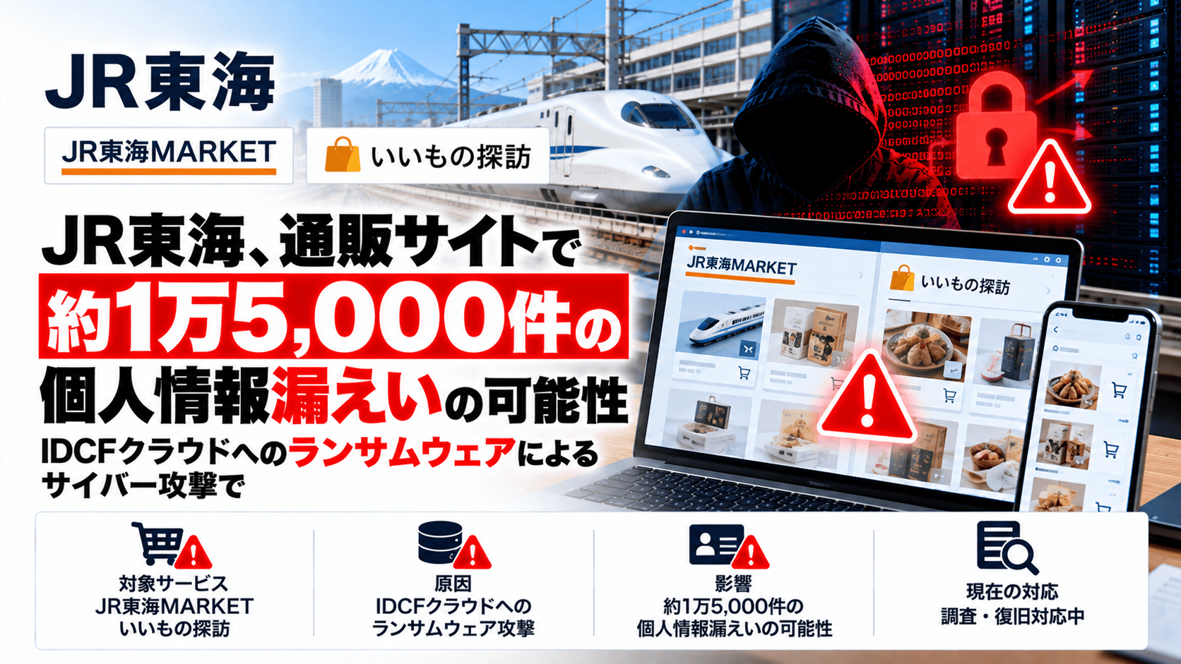 JR東海、通販サイト「JR東海MARKET」と「いいもの探訪」で約1万5,000件の個人情報漏えいの可能性―IDCFクラウドへのランサムウェアによるサイバー攻撃で