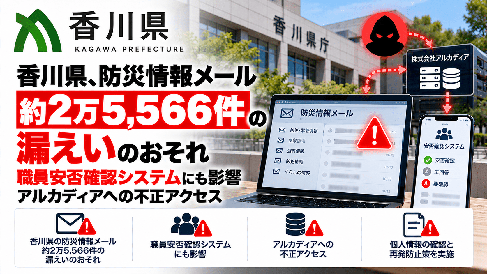 香川県、防災情報 メール約2万5,566件の漏えいのおそれ―職員安否確認システムにも影響、アルカディアへの不正アクセス