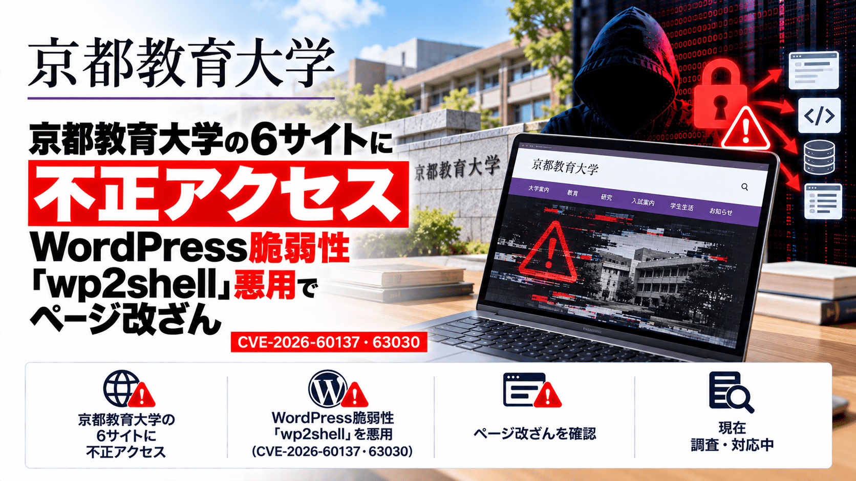 京都教育大学の6サイトに不正アクセス、WordPress脆弱性「wp2shell」悪用でページ改ざん―CVE-2026-60137・63030